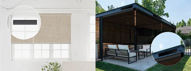 Side-by-side view of indoor and outdoor windows with solar-powered smart shade panels installed.