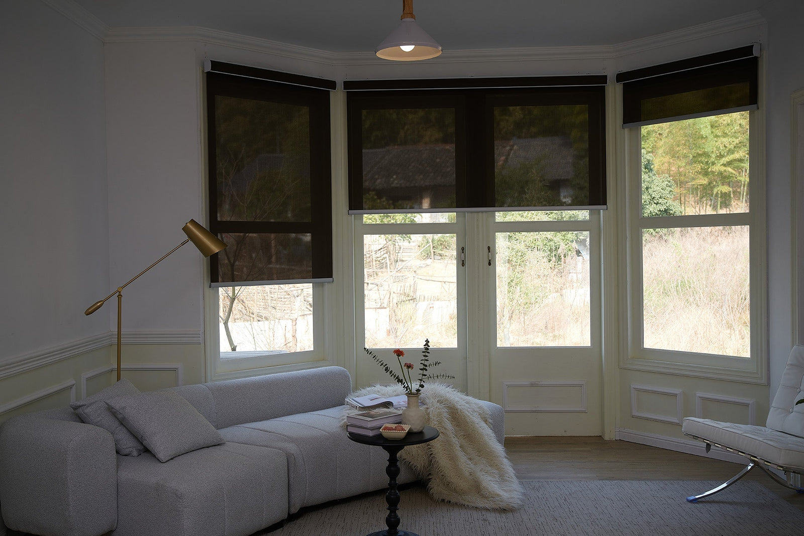 Stylish solar shades in a bright living room filtering sunlight and enhancing the home’s look.