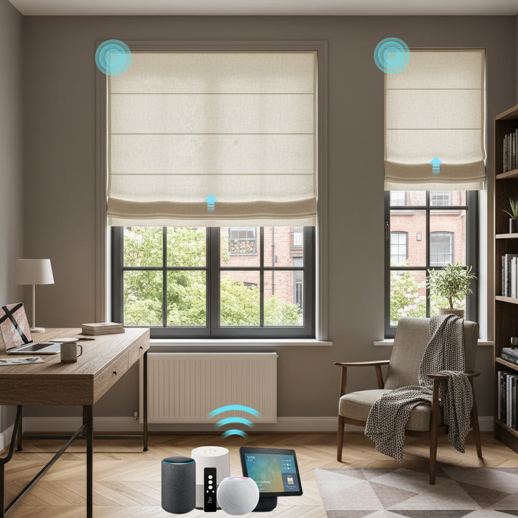 Smart Motorized Linen Roman Shades – 50% / 70% / 100% Blackout Terra