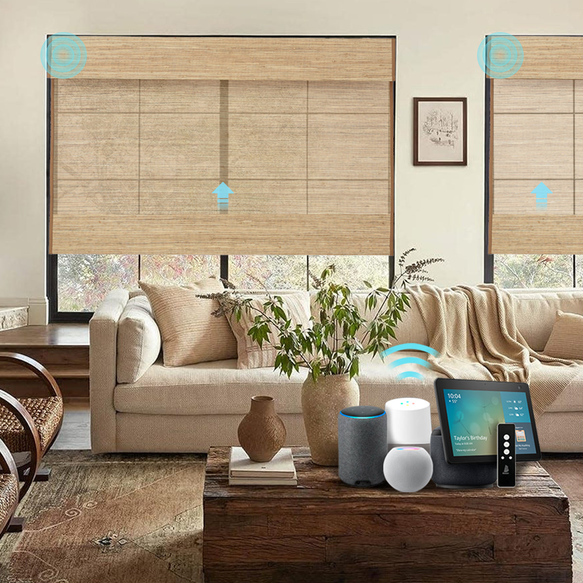 Smart Motorized Woven Wood Shades – 70% Light Filtering
