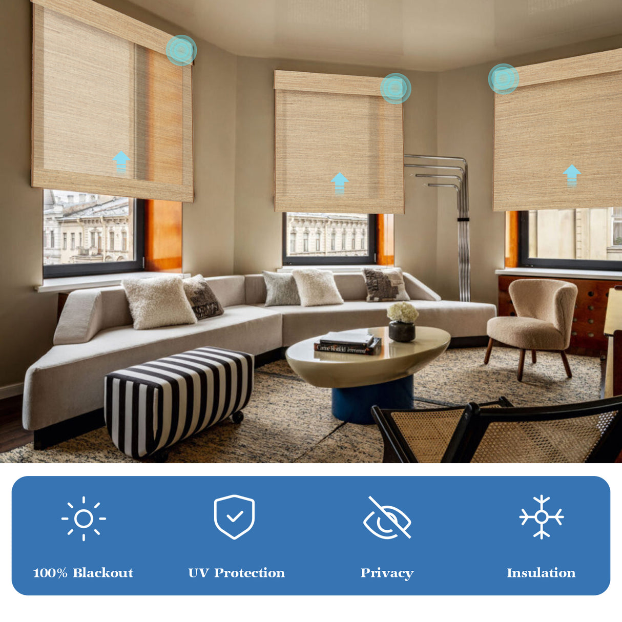 Smart Motorized Woven Wood Shades – 70% Light Filtering