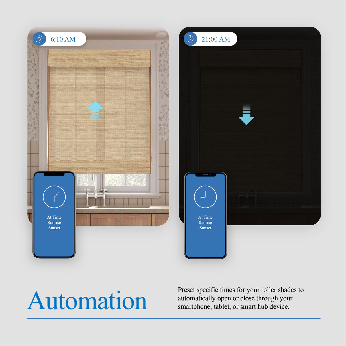 Smart Motorized Woven Wood Shades – 70% Light Filtering
