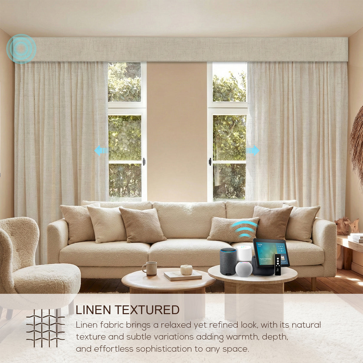 Motorized Linen Drapery Curtains – Smart Track System with 50/70/100% Blackout