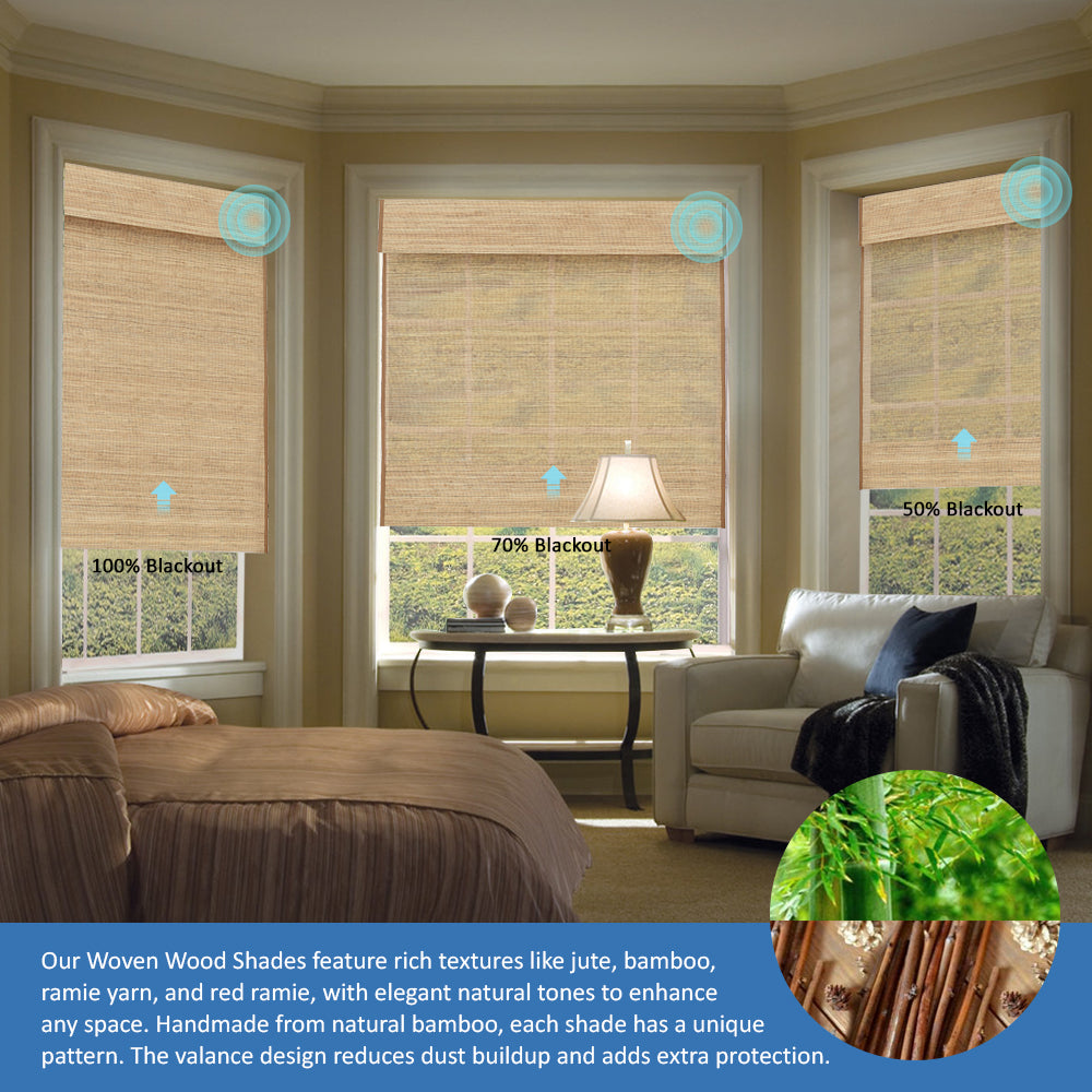 Smart Motorized Woven Wood Shades – 70% Light Filtering