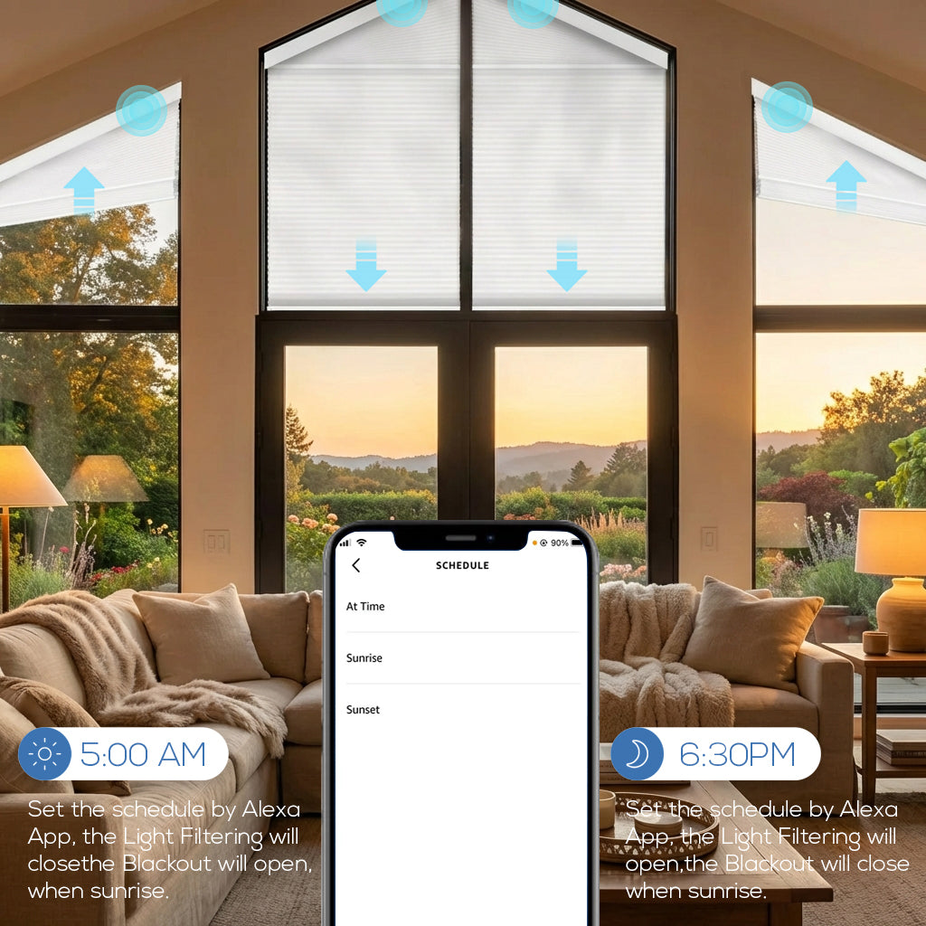 Smart Motorized Light Filtering Trapezoid Cellular Shades Eoza