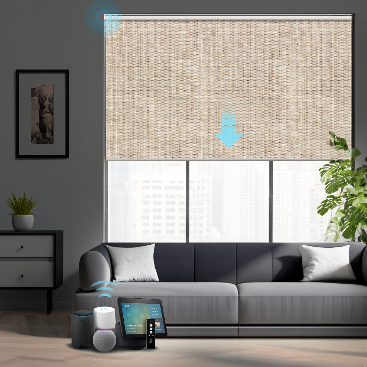 Smart Motorized Roller Shades 100% Blackout Linen