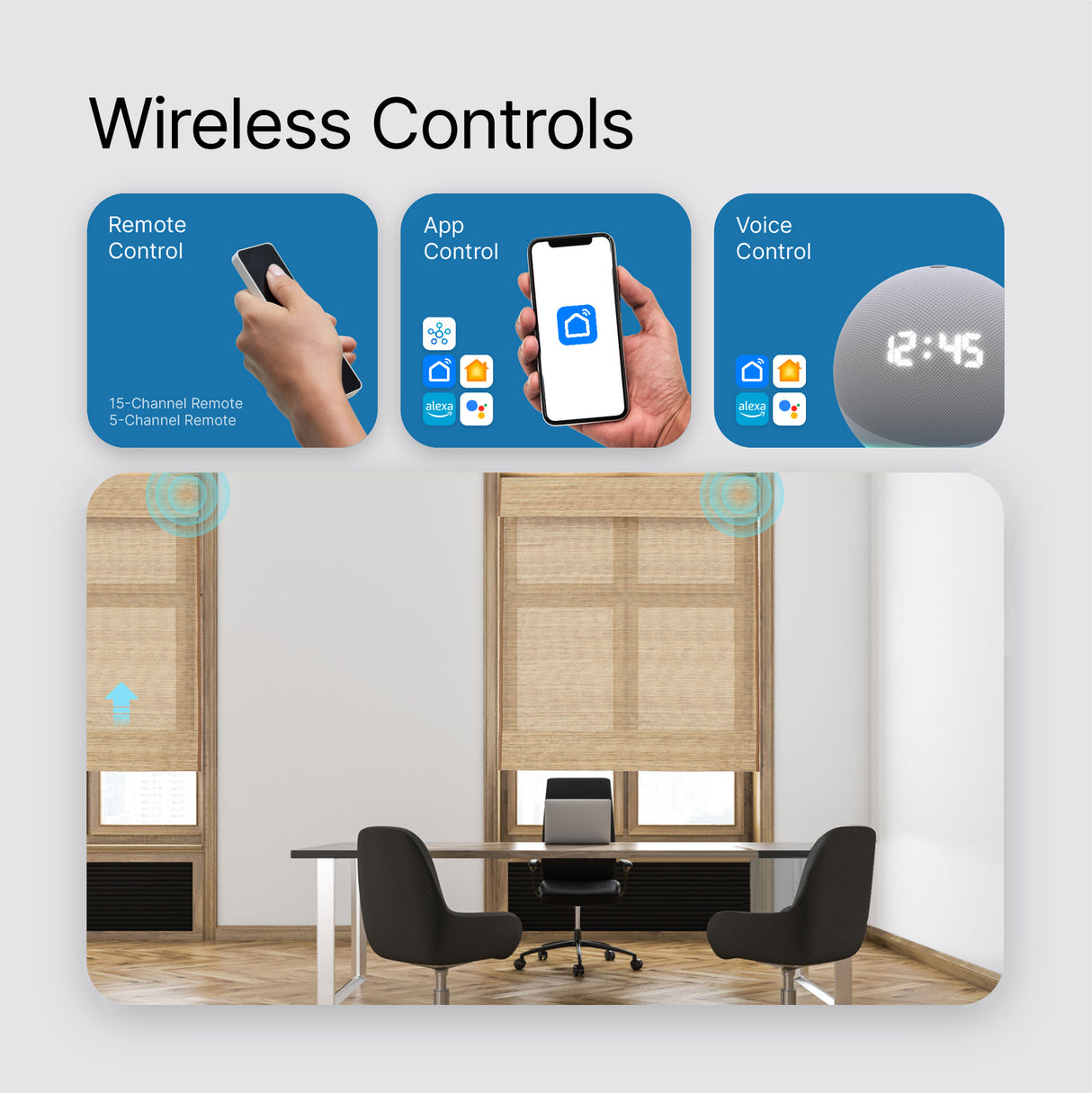 Smart Motorized Woven Wood Shades – 70% Light Filtering