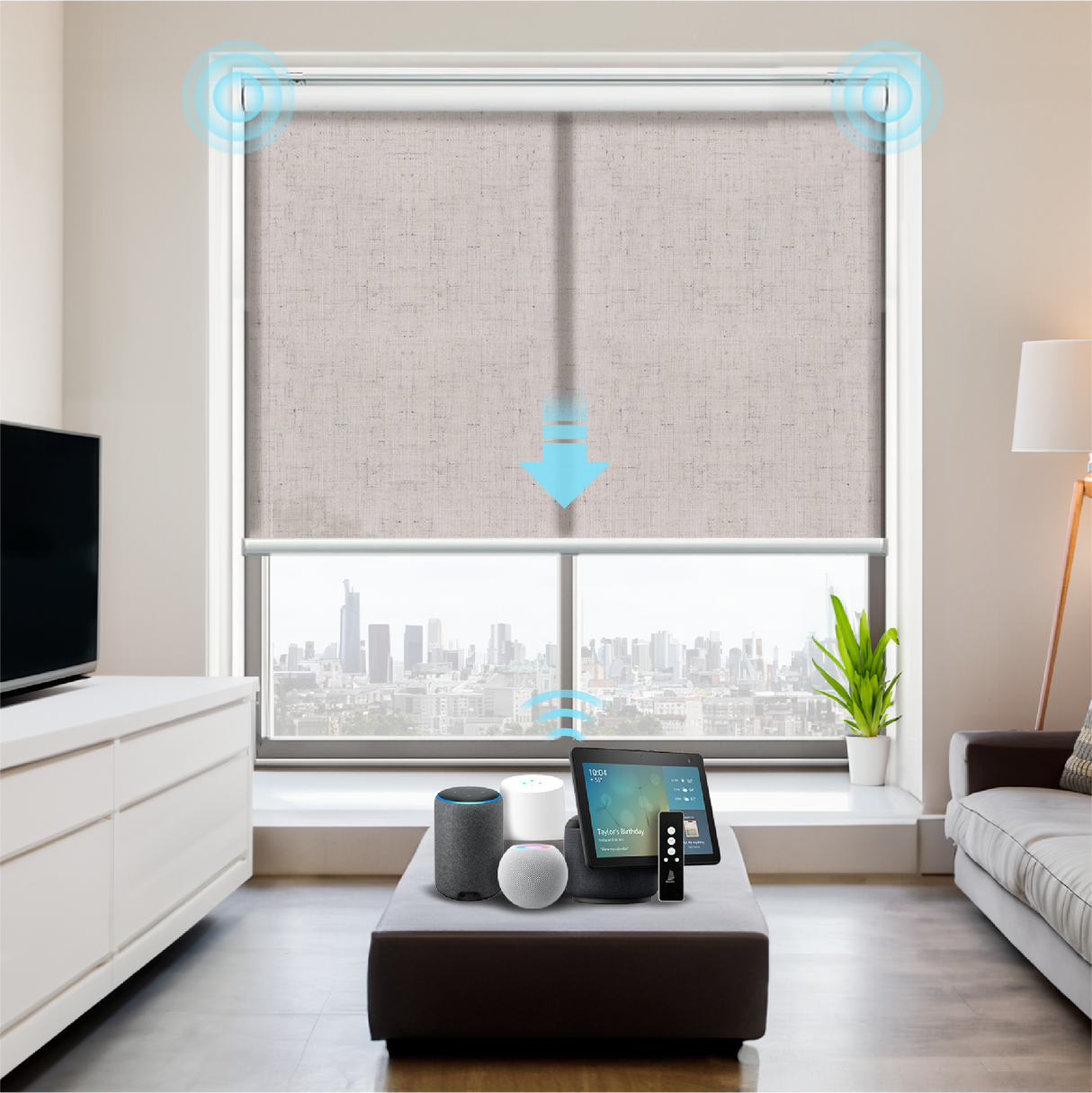 Smart Motorized Light Filtering Roller Shades 70% Blackout Linen Translucent