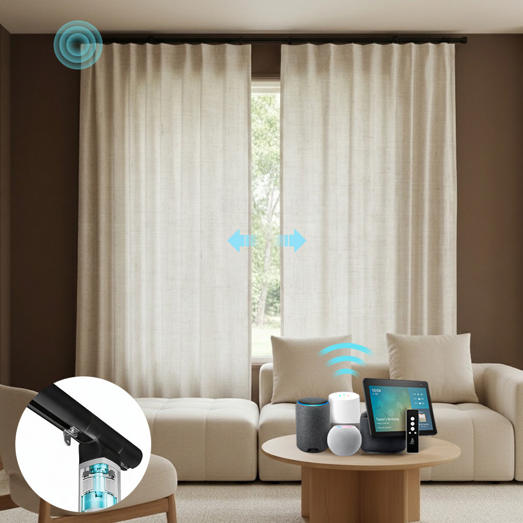 Motorized Linen Curtains with Drapery Rod – Designed Light in 50/70/100% Blackout