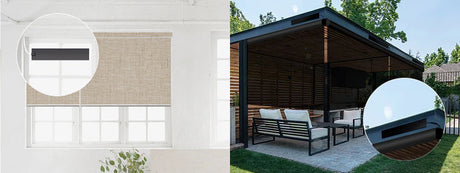 Side-by-side view of indoor and outdoor windows with solar-powered smart shade panels installed.