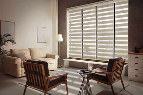 Modern living room featuring dual zebra shades partially open to showcase light filtering and privacy control.