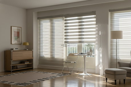 Motorized shades installed in a modern living room interior