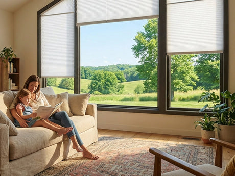 mother and daughter sitting on sofa in a living room with motorized shades and smart window controls