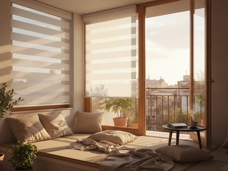 Motorized shades installed in a modern home living room with smart window control