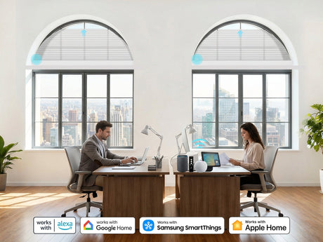 Two people working in a modern office with smart motorized window shades.