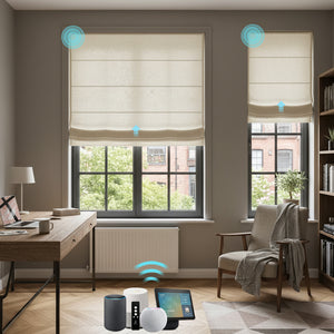 Smart Motorized Linen Roman Shades – 50% / 70% / 100% Blackout Terra