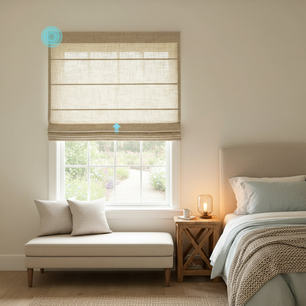 Smart Motorized Linen Roman Shades – 50% / 70% / 100% Blackout Terra