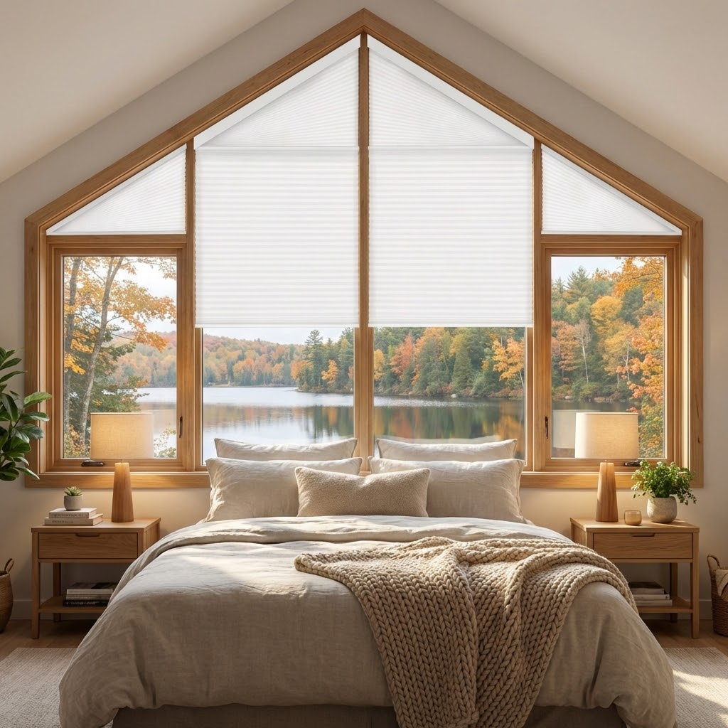 Smart Motorized Light Filtering Trapezoid Cellular Shades Eoza