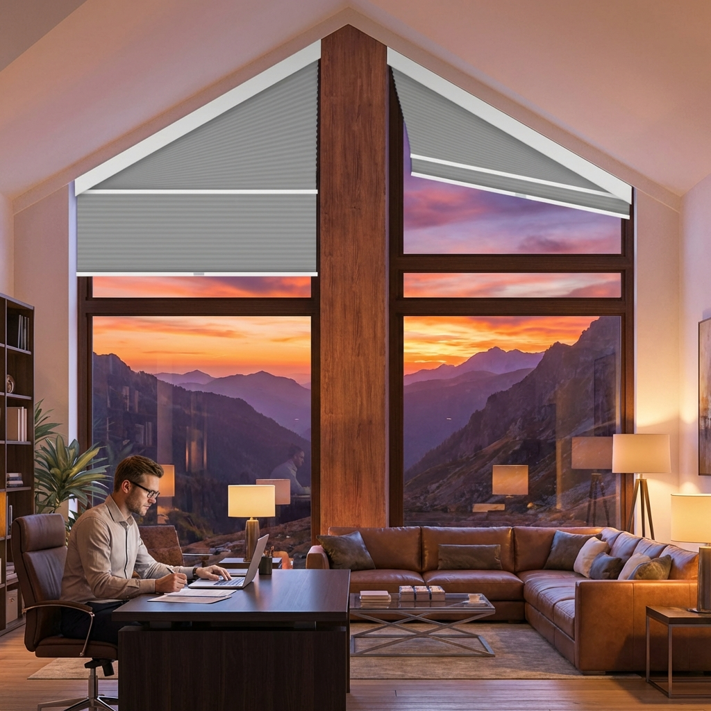 Smart Motorized Blackout Trapezoid Cellular Shades Eoza