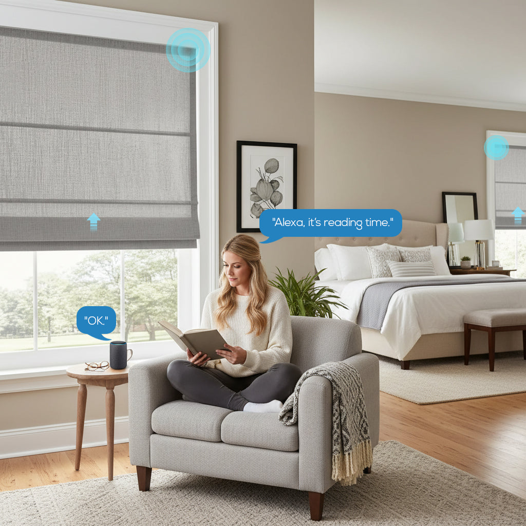 Smart Motorized Linen Roman Shades – 50% / 70% / 100% Blackout Terra