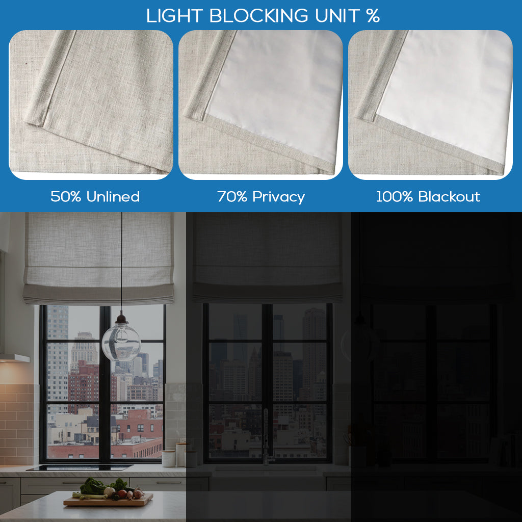 Smart Motorized Linen Roman Shades – 50% / 70% / 100% Blackout Terra
