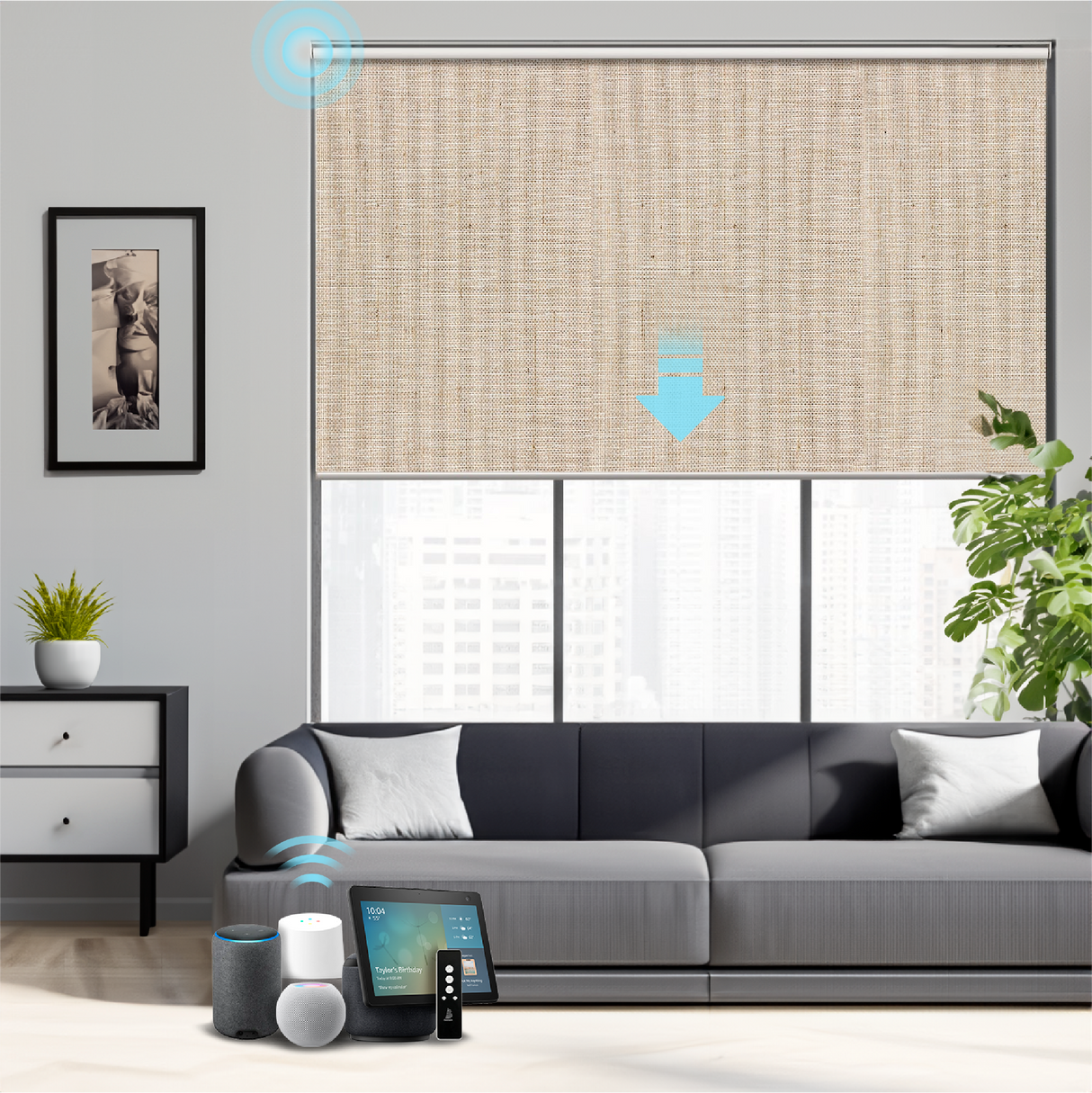 Smart Motorized Roller Shades 100% Blackout Linen