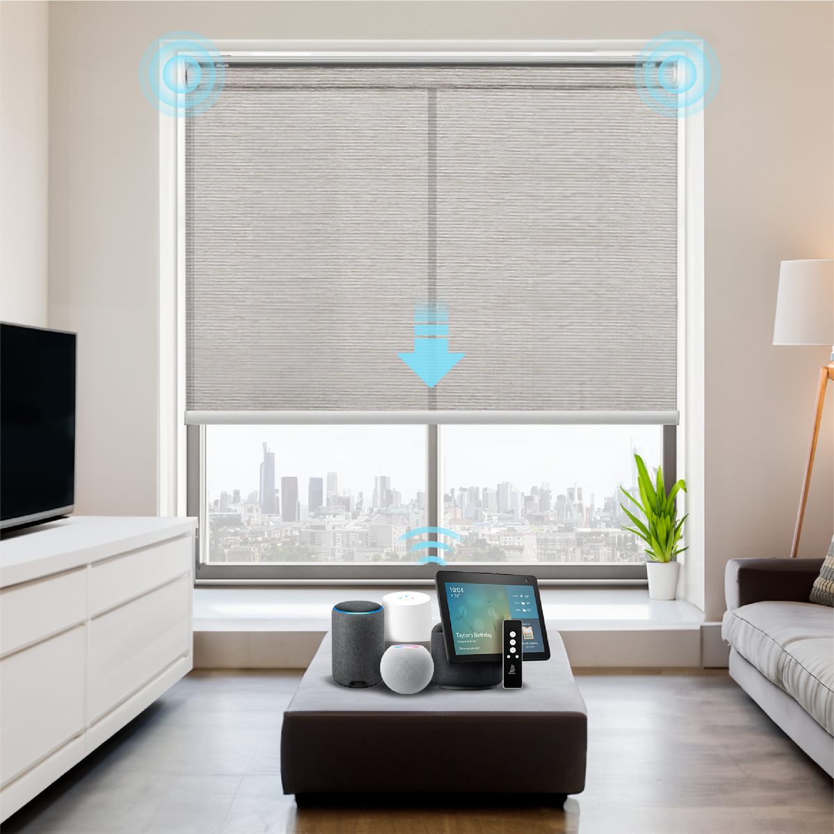 Smart Motorized Light Filtering Roller Shades 50% Blackout Sierra Tran ...